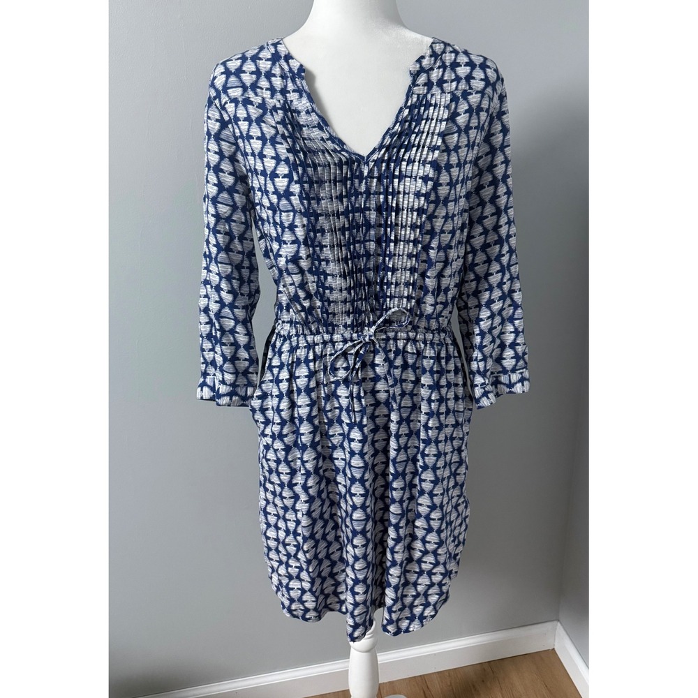 Lucky Brand Blue White‎ Ikat Print Pintuck V-Neck Rayon Dress Pockets Medium